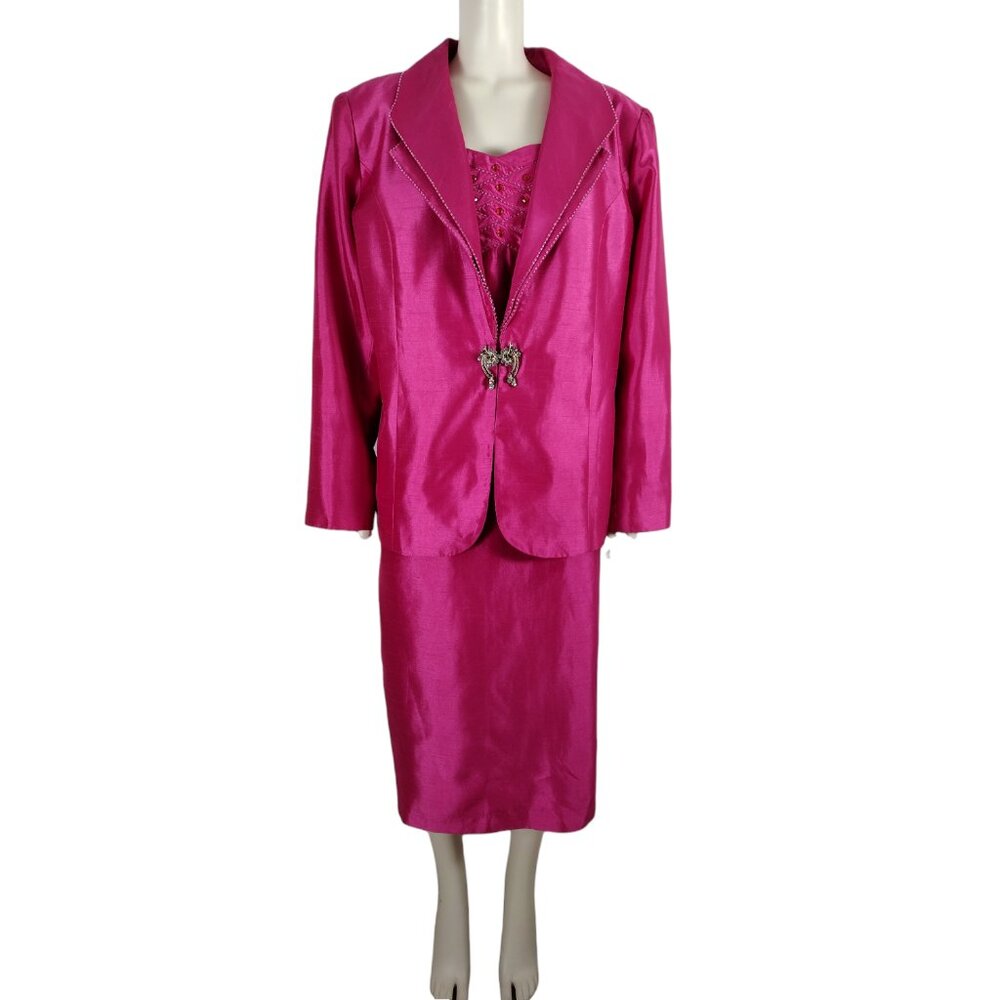 Vintage 1990s Iridescent Hot Pink Beaded 3 Piece Skirt Suit Set Plus Size 1X/2X